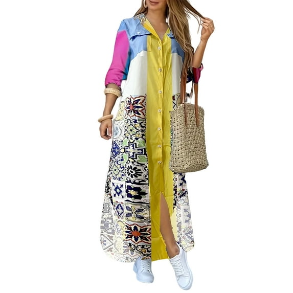 oyyn Women's Casual Print Long Shirt Dress Long Sleeve Button Up Dress Female Summer Side Split Shirt Maxi Dresses L