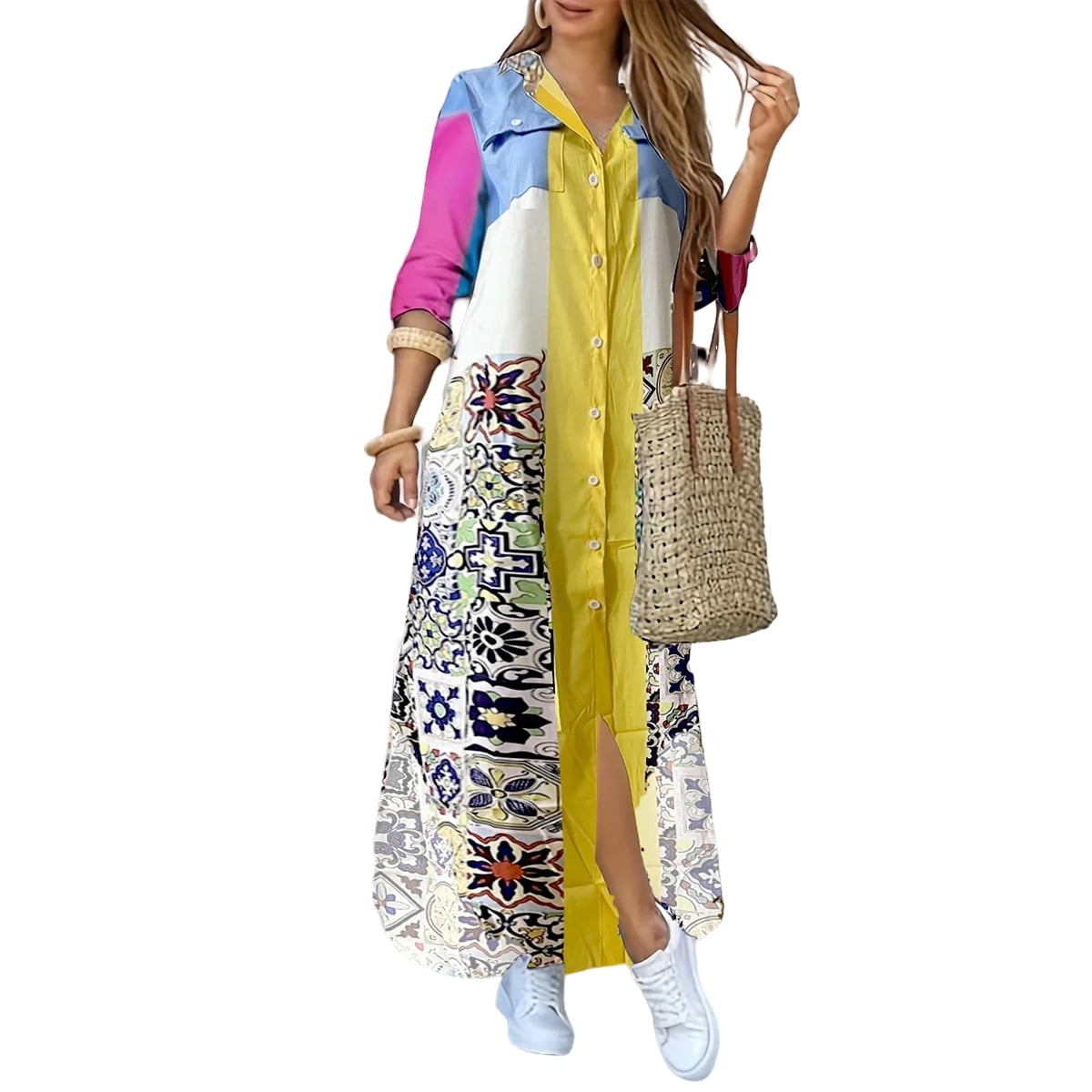 All-Over Print Women's Lapel Shirt Dress With Long Sleeve main image 1