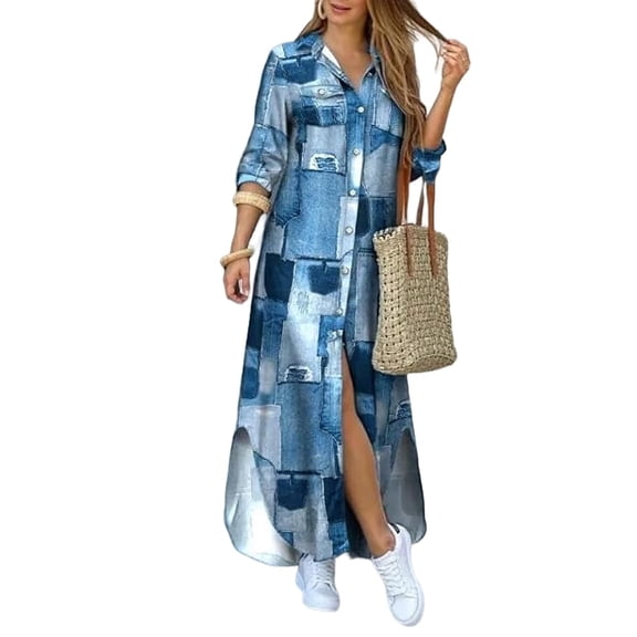 oyyn Women's Casual Print Long Shirt Dress Long Sleeve Button Up Dress Female Summer Side Split Shirt Maxi Dresses S