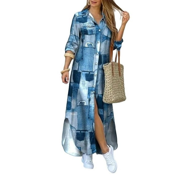 oyyn Women's Casual Print Long Shirt Dress Long Sleeve Button Up Dress Female Summer Side Split Shirt Maxi Dresses XXL