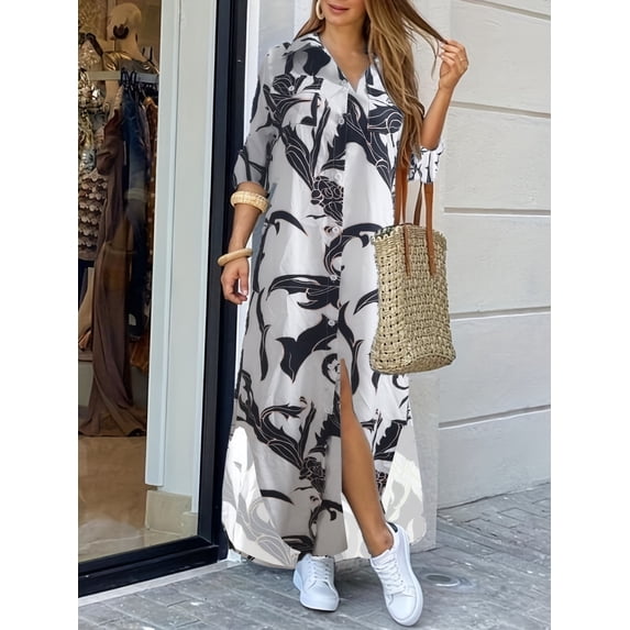 oyyniis Long Sleeve Shirt Maxi Dress Women Turn-down Collar Buttons V-neck Dresses Females Elegant Casual Long Dress M