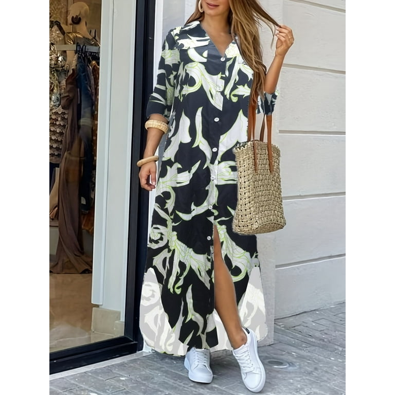 Casual Print Buttons Turndown Collar Long Dresses Casual Print Buttons Turndown Collar Long Dresses