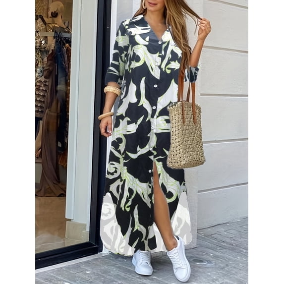 oyyniis Plus Size Long Sleeve Shirt Maxi Dress Women Turn-down Collar Buttons V-neck Dresses Females Elegant Casual Long Dress