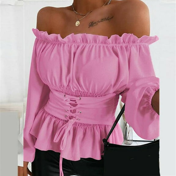 oyyniis Women One Shoulder Sexy Speaker Sleeve Tops Fashion Pleated Ruffled Edge Females Long Sleeves Shirt Tops S