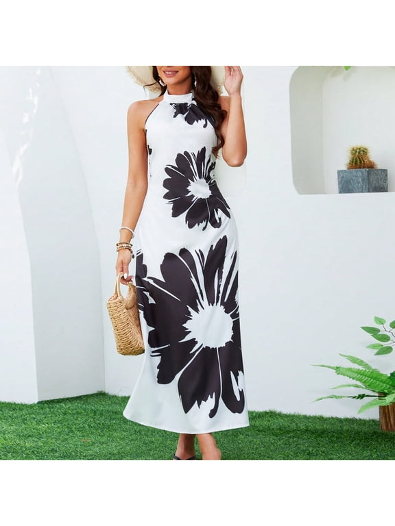 Women Sexy Backless Long Dress Summer Beach Holiday Sleevelees Maxi Dresses Elegant Casual Flower Printed Sundress L
