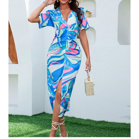 oyyniis Women's Elegant V-neck Short Sleeve Dress Fashion Streetwear Print Vestidos Casual Slit Split Holiday Dresse Summer A-line Blue Maxi Dress M