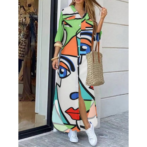 oyyniis Women's Long Shirt Collar Dress Long Sleeve Loose Fit Maxi Dress Tie Dye Fashion Print Long Dress
