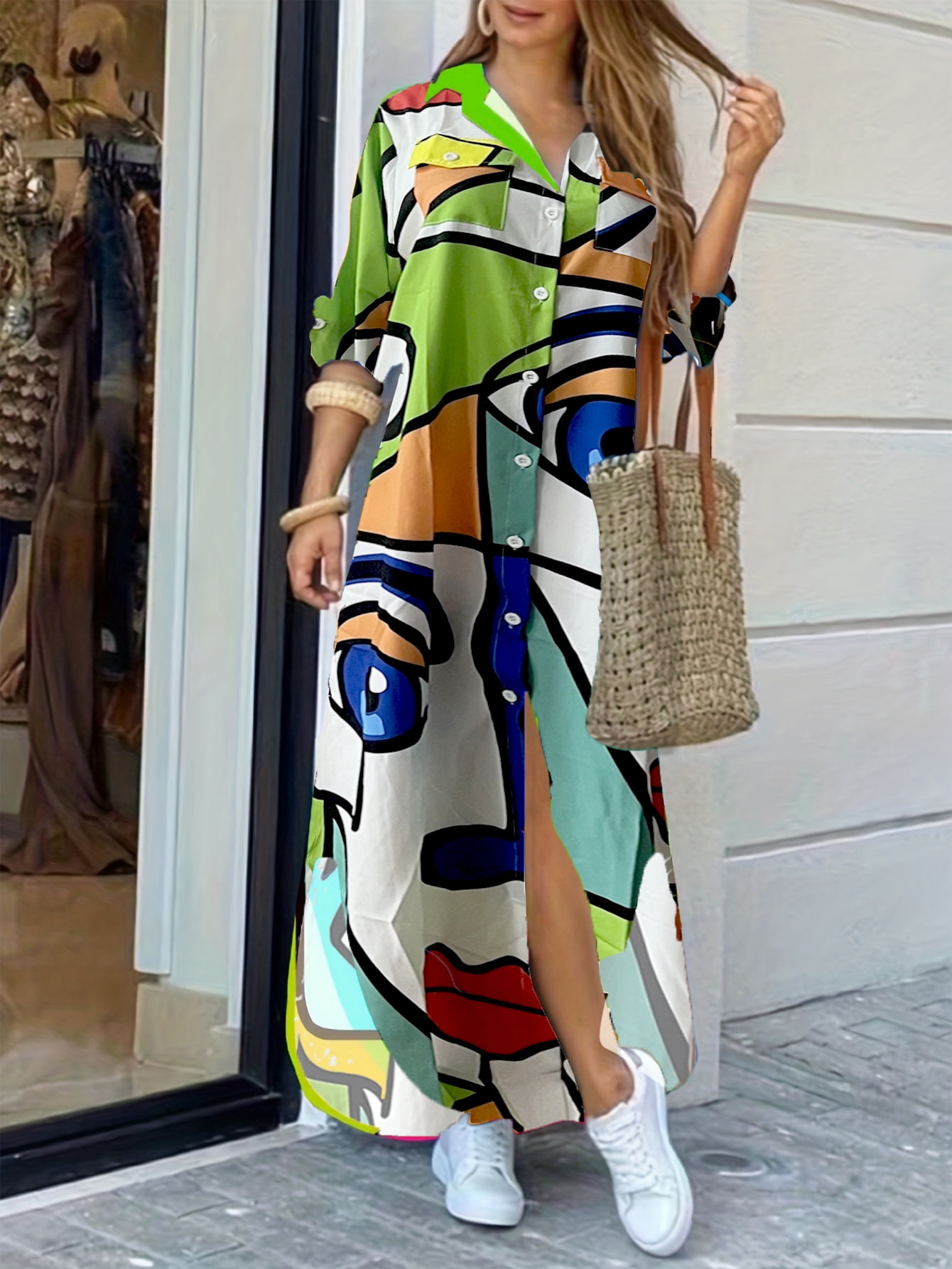 Maxi shirt dress with collar, long buttoned cuffs, waist tie, and side slits main image 0