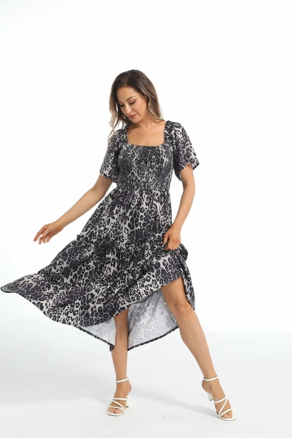 Women's Short Sleeve Maxi Dress Elegant Squared Necklines Dresses Fashion Leopard Print Loose A-line Dress Females L