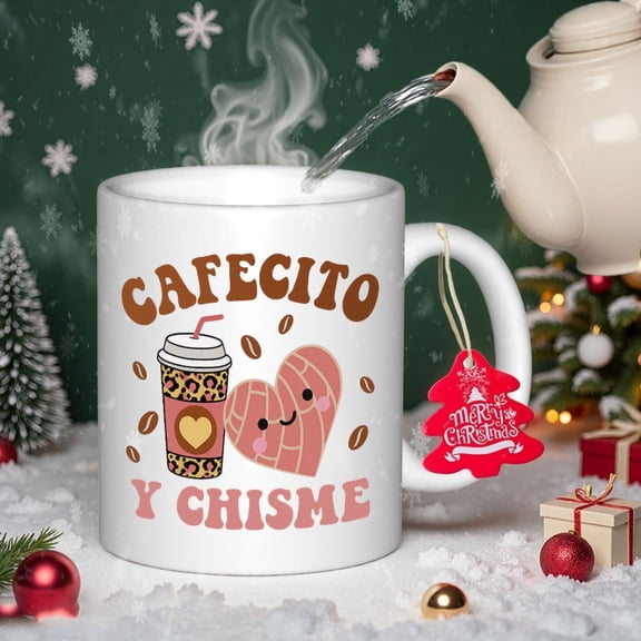 oz Ceramic Mug, Spanish "Cafecito Y Chisme" Design with Coffee & Churro Art - Artisan Holiday Drinkware for Thanksgiving, Christmas, Halloween, Easter - Perfect Gift for Coffee Enthusiasts & Holiday