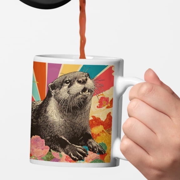 oz ceramic mug, Otter gift, Otter coffee mug, cute otter, vintage otter, animal lover, flower gift, flower mug, sea otter gif, gift animal lovers.