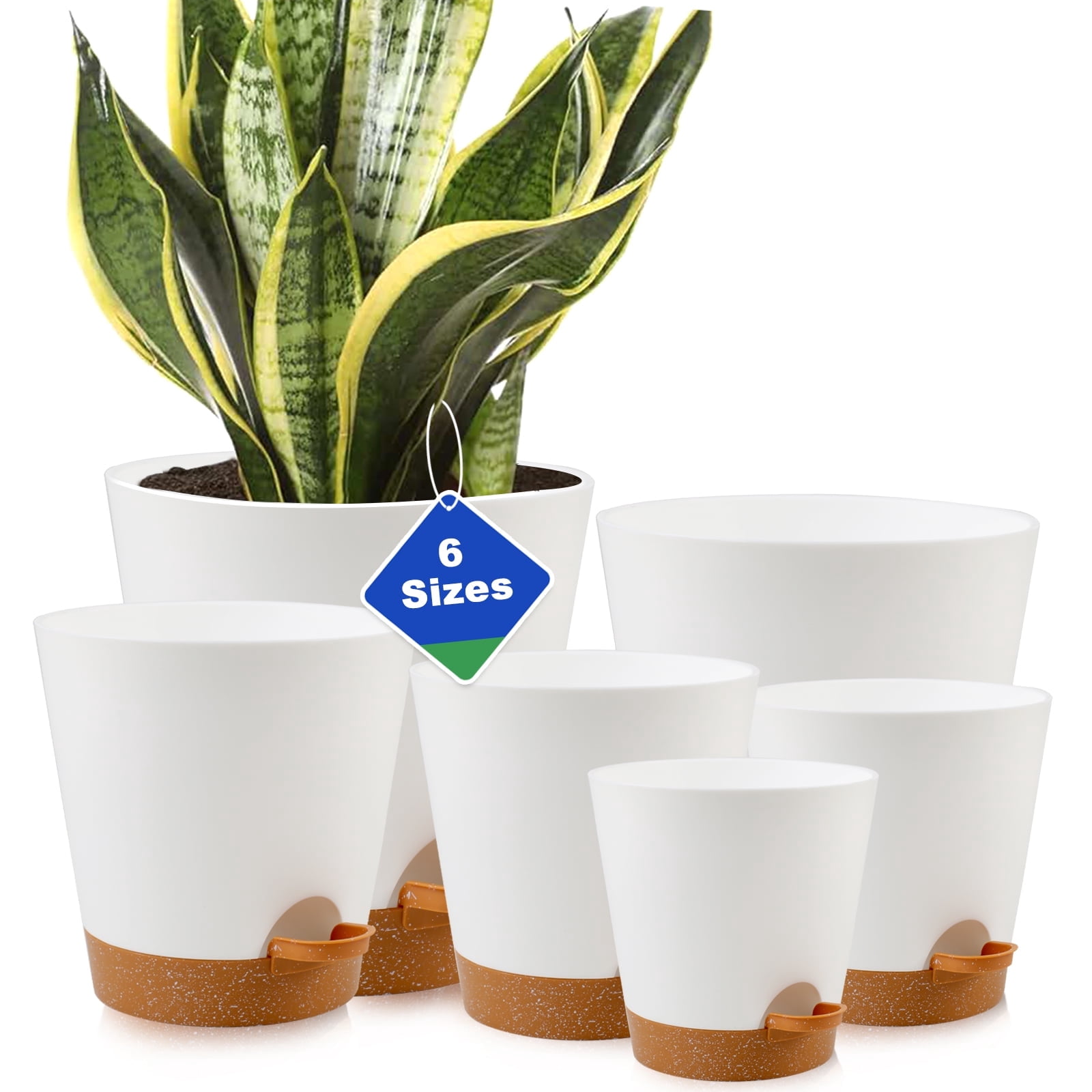 <p>Guirnd Indoor Self Watering Planters with Drainage Holes and Saucers,8,7,6.5,6,5.5,5 inches,White, 6 Pots</p>