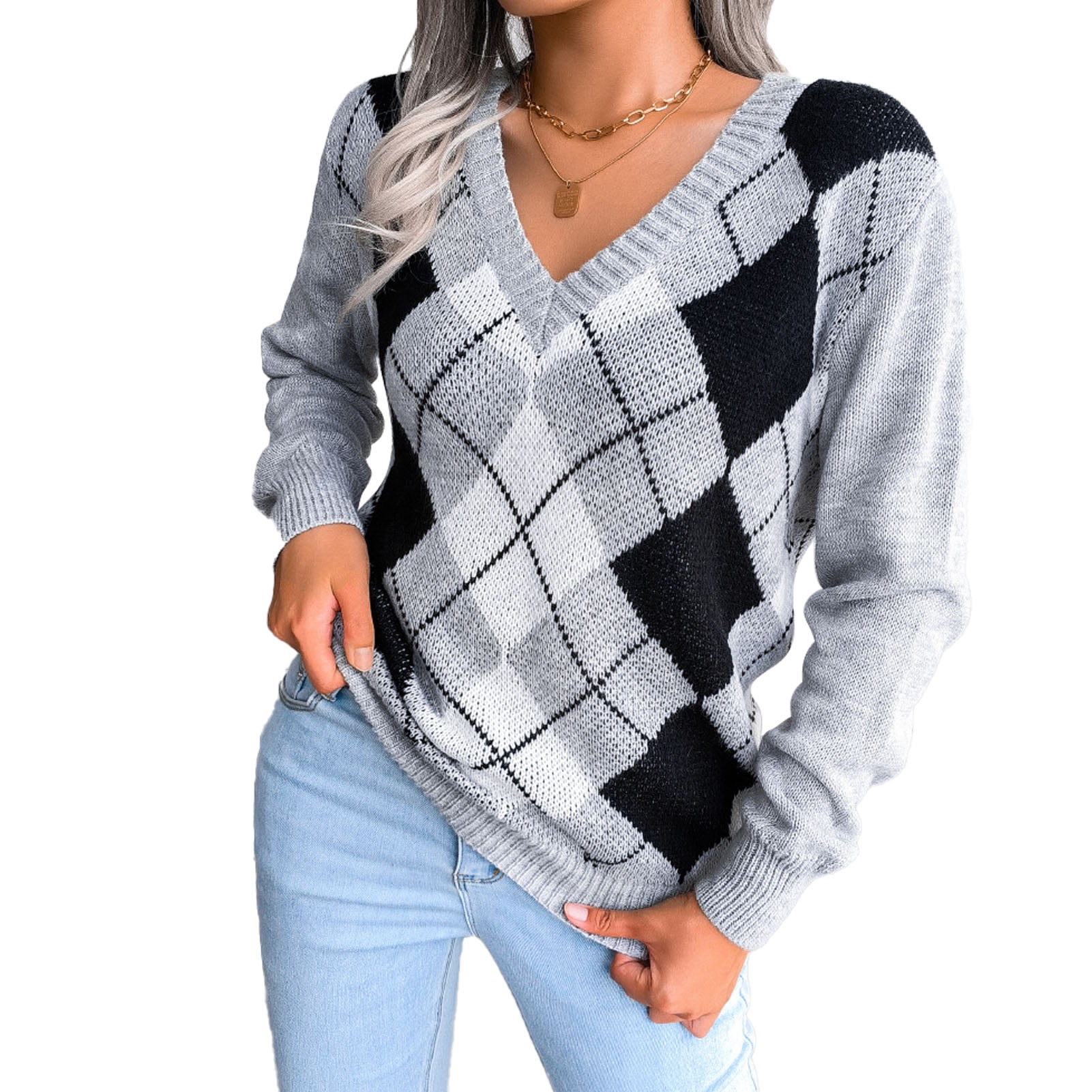 Plaid Knit Sweater, Warm Soft V Neck Plaid Knitted Sweater Casual