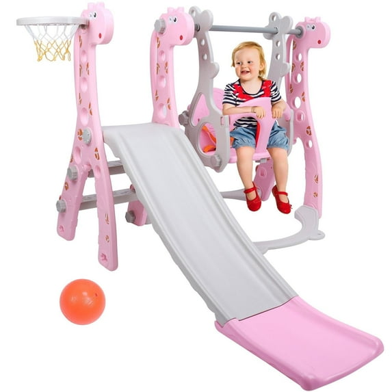 4 in 1 Slide Swing Set for Toddlers Age 1 to 5, Indoor Outdoor Kids Climber Playset with Long Slide, Swing, Climber, Ball & Basketball Hoop, Pink Kids Slide and Swing Set Toy Gift for Boys Girls