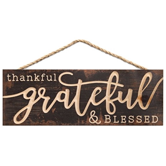 p. graham dunn thankful grateful blessed weathered brown 16 x 6 inch pine wood carved hewed hanging sign