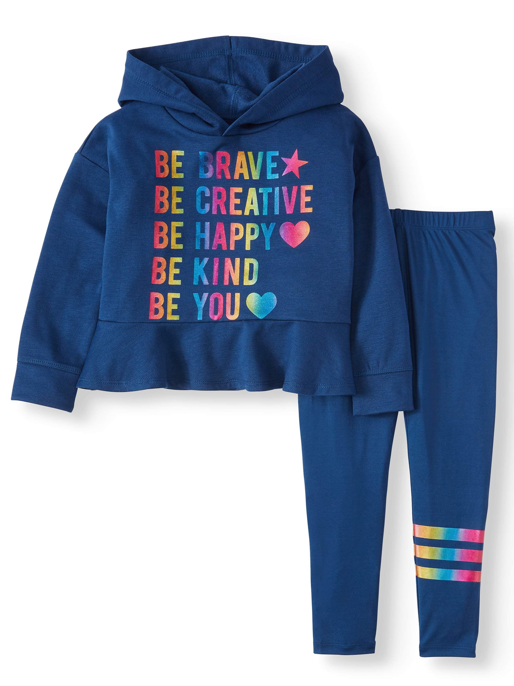 2-piece Toddler Girl Letter Floral Print Layered Hem Hooded Sweatshirt and Pants Set