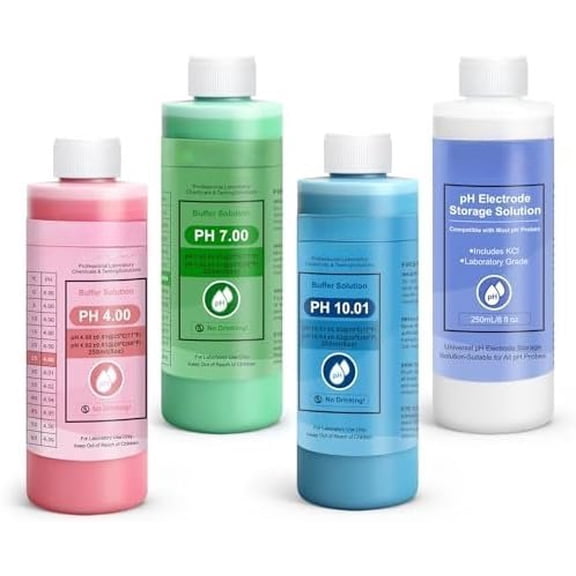 pH Calibration Solution and pH Buffer Calibration Solution Kit (4.00, 7.00, 10.01) with Storage Fluid, 250mL Bottles for pH Meters, Pool, Hydroponics & Use