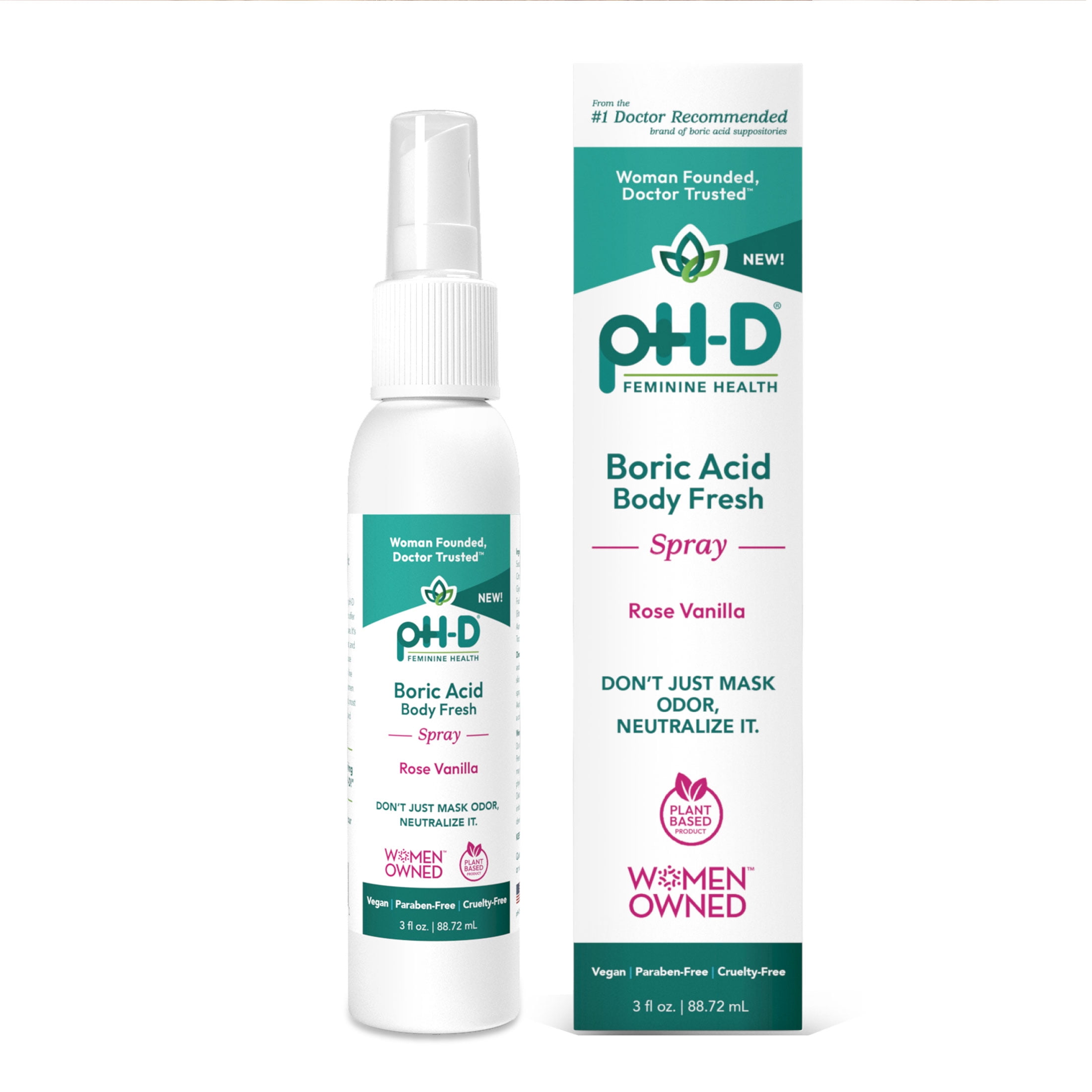 pH-D Feminine Health Boric Acid Body Fresh Spray, Vegan, Paraben-Free, Rose Vanilla Scented, 3 oz