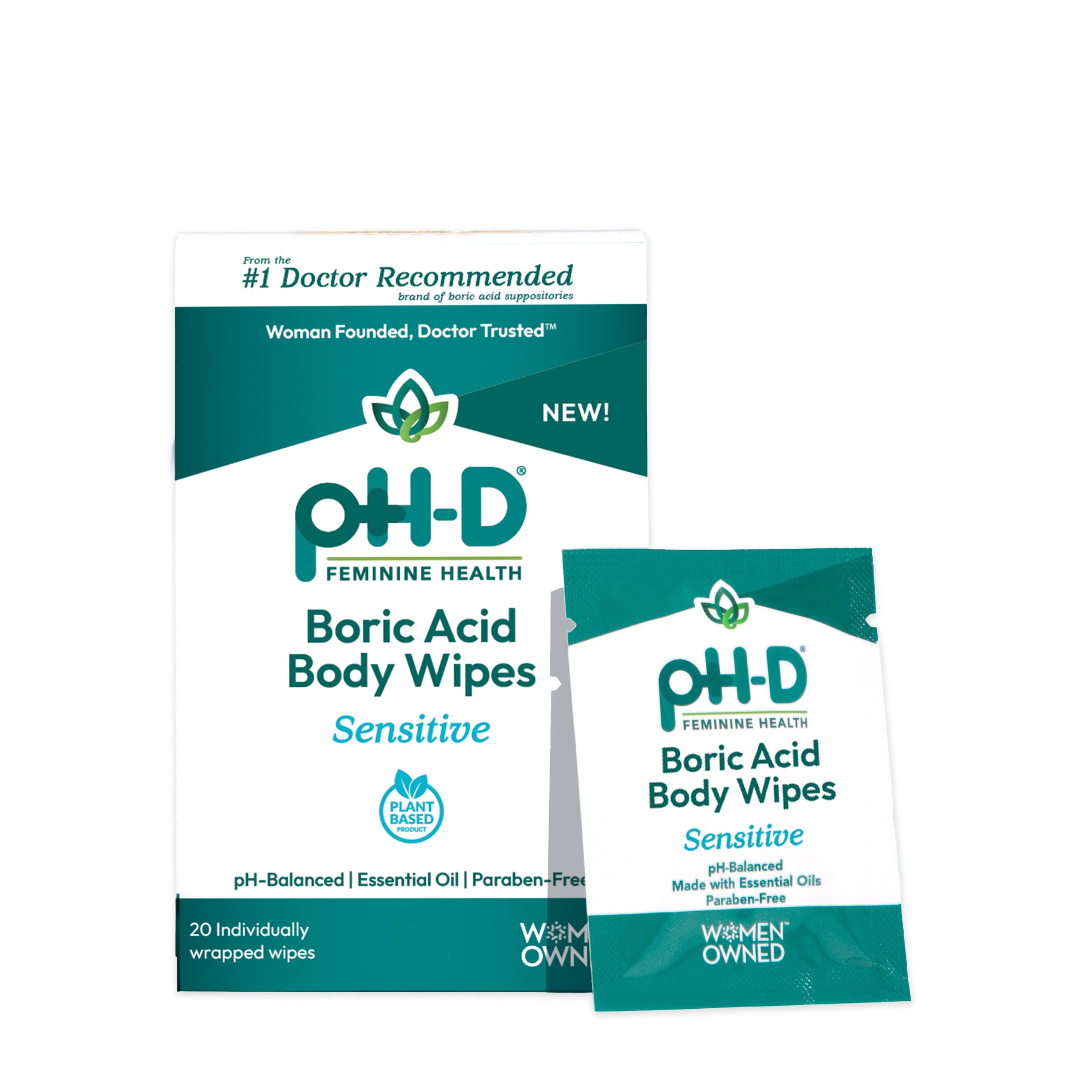 pH-D Feminine Health Boric Acid Body Wipes, pH-Balanced Travel Friendly Wipes, 20 Count