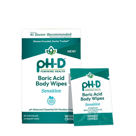 pH-D Feminine Health Boric Acid Body Wipes, pH-Balanced Travel Friendly Wipes, 20 Count