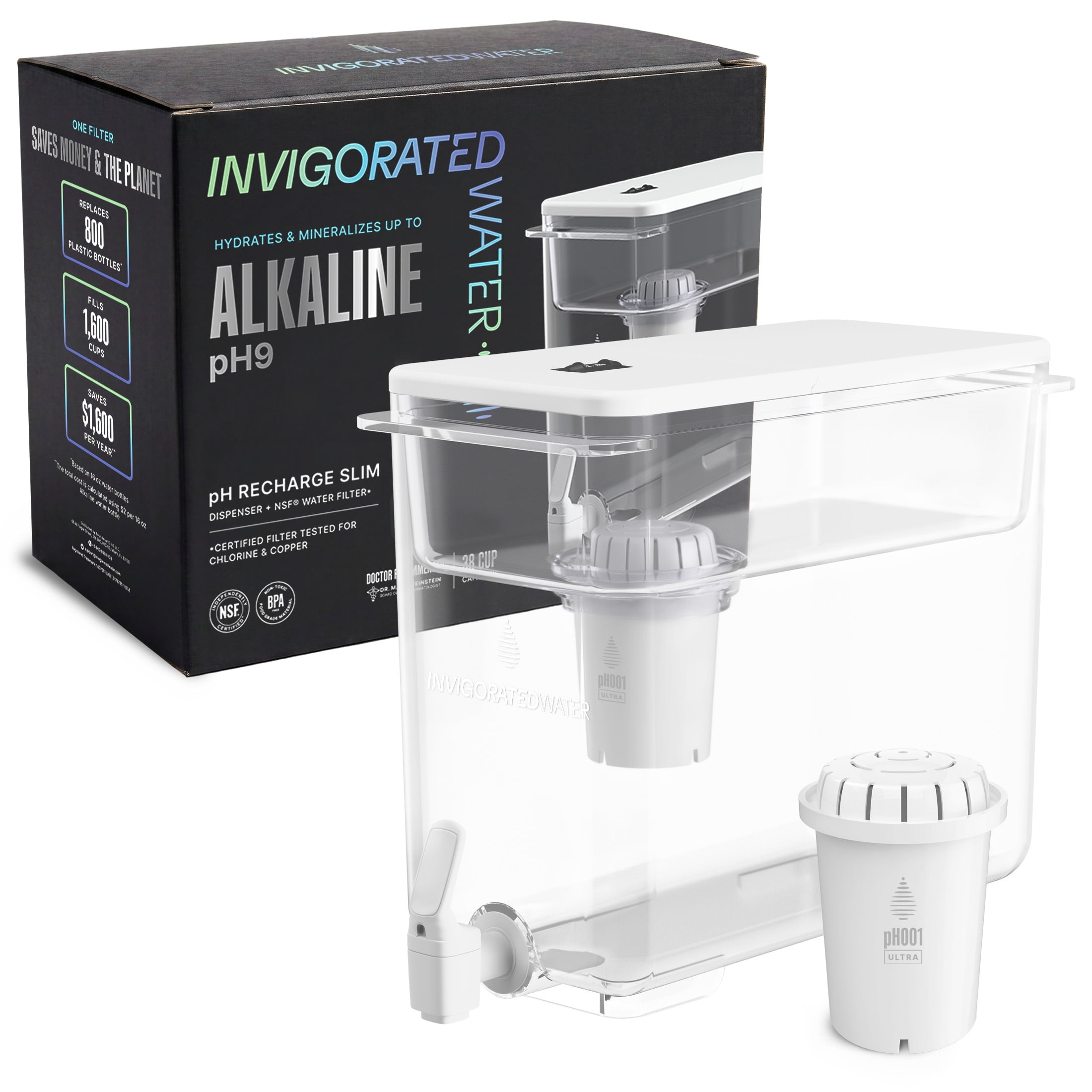 Invigorated Water pH Recharge Slim 38 Cup Alkaline Water Filter Dispenser