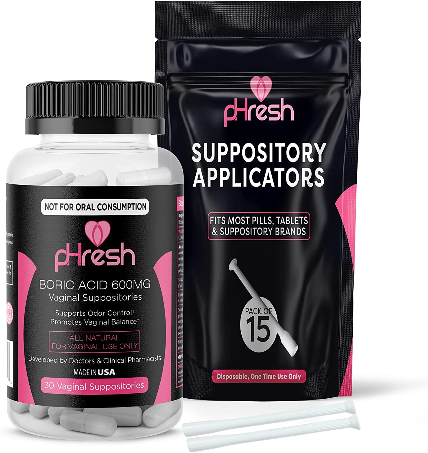 pHresh Boric Acid Suppositories (600 mg, 30 Count) with 15 Suppository