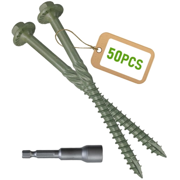 [pack Of 50] #14 X 6 Wood Structural Screws Green Coated Heavy Duty Hex Head Timber/log/landscaping Rust Resistant Socket Included
