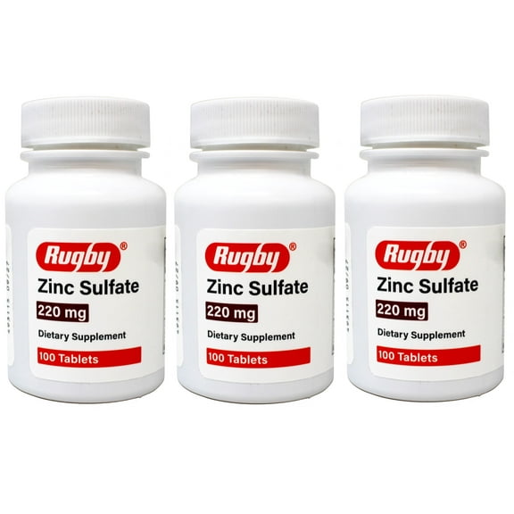 3 Pack - Rugby Zinc Sulfate 220 mg Tablets - Made with Zinc Sulfate Heptahydrate - Dietary Supplement - 100 Tablets