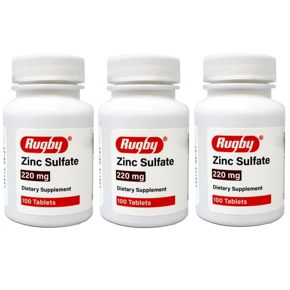 3 Pack - Rugby Zinc Sulfate 220 mg Tablets - Made with Zinc Sulfate Heptahydrate - Dietary Supplement - 100 Tablets