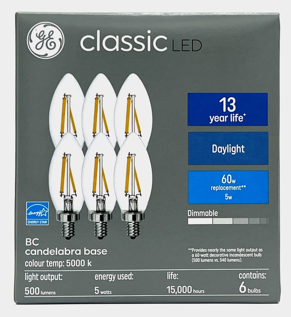 (pack of 6) GE Lighting Classic LED Decorative Chandelier Bulb, Candelabra Base, 5 watt, 500 ...