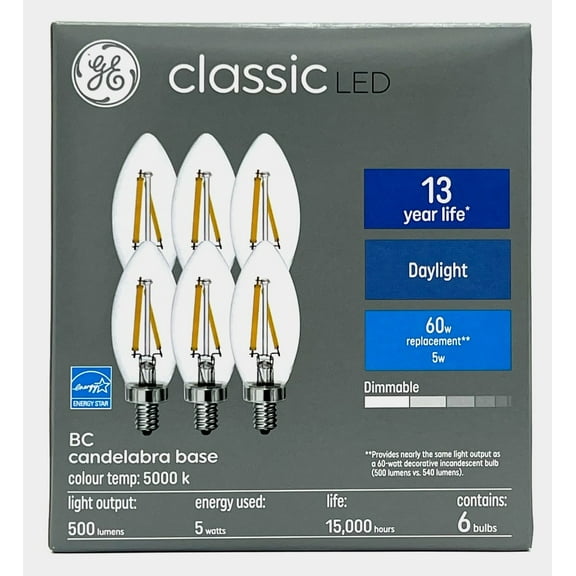(pack of 6) GE Lighting Classic LED Decorative Chandelier Bulb, Candelabra Base, 5 watt, 500 lumen, Dimmable, Daylight 5000K