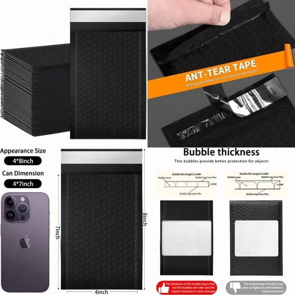 packbabol Bubble Mailers 4x7 Inch Poly Padded Bubble Mailers Pack of 50 Bubble Envelopes Opaque Self Seal Adhesive Waterproof Bags for Shipping and Packaging Black 4x7-50Pc