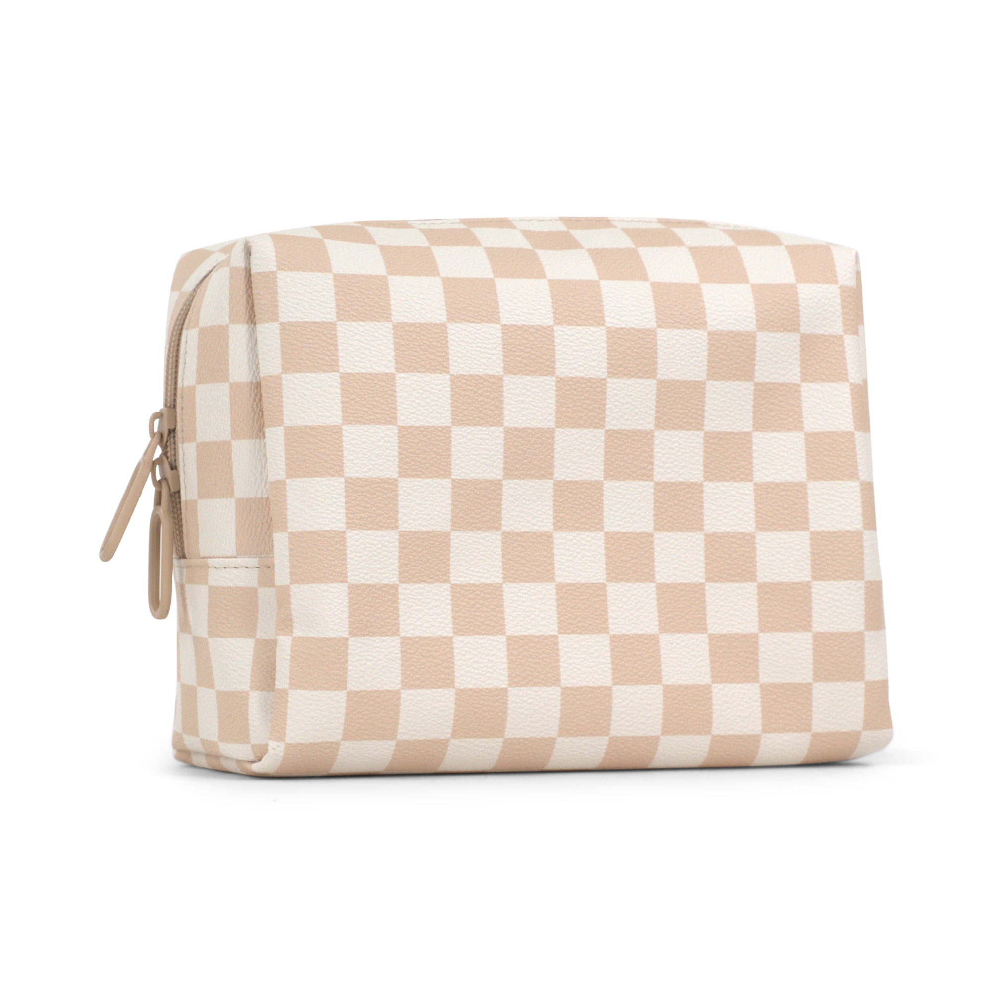 packlab Large Checkered Cosmetic Bag, 4 Interior Pockets, Wipeable, Beige