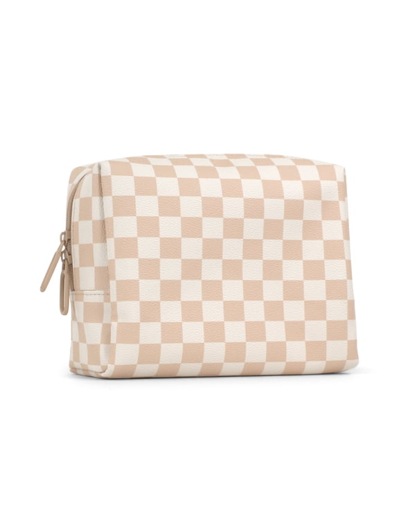 Large Checkered Cosmetic Bag, 4 Interior Pockets, Wipeable, Beige