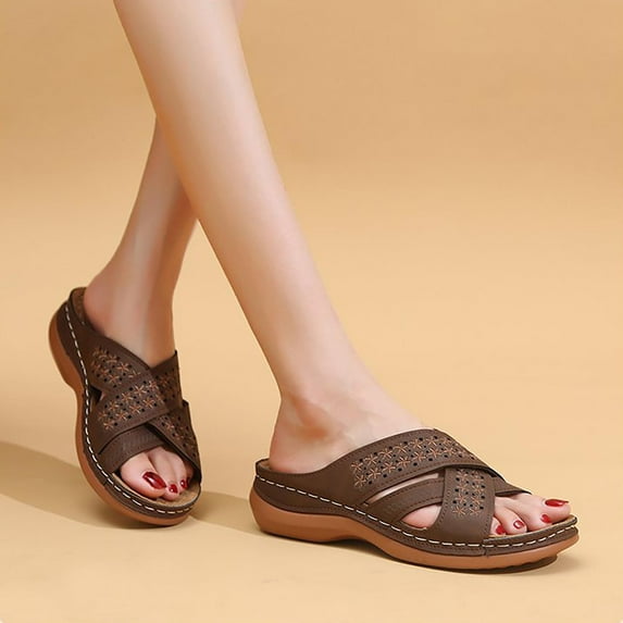 pafei tyugd Leather Slipper Summer Womens Slide Sandals Open Toe Leather Flat Sandals Flowers Wedges Casual Walking Shoes,Size 7