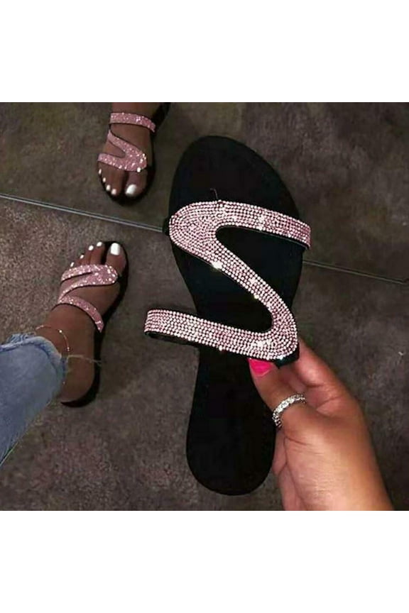 Women's Slip on Sandals Slide Glitter Bling Casual Sandal Flat Open Toe Sparkle Slides Cute Casual Summer Beach Wear Crystal Slippers Sandals,Size 7