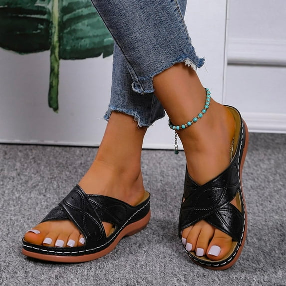 pafei tyugd Womens Bohemian Slip On Wedge Slide Sandals Low Heel Arch Support Non-Slip Comfort Flat Sandall Casual Summer Slide Sandals Walking Shoes,Size 7