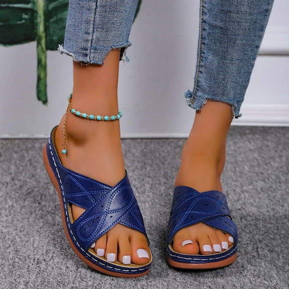 pafei tyugd Womens Bohemian Slip On Wedge Slide Sandals Low Heel Arch Support Non-Slip Comfort Flat Sandall Casual Summer Slide Sandals Walking Shoes,Size 6.5