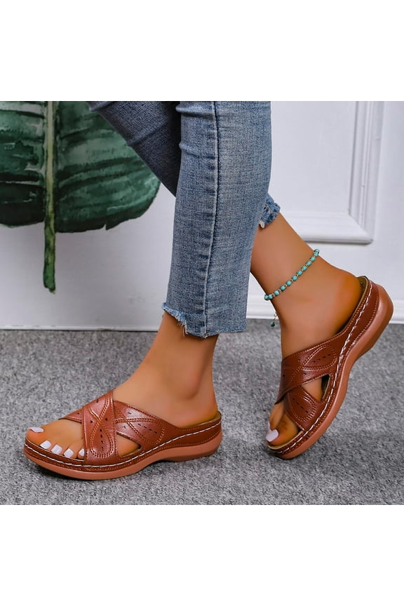 Womens Bohemian Slip On Wedge Slide Sandals Low Heel Arch Support Non-Slip Comfort Flat Sandall Casual Summer Slide Sandals Walking Shoes,Size 7.5