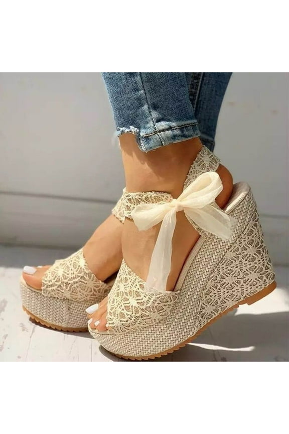Womens Lace up Espadrilles Platform Wedges Lace Up Sandals High Heels Elegant Floral Summer Dress Ankle Strap Shoes,Size 7.5