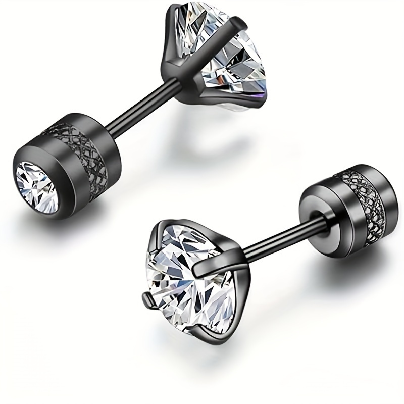 A pair of 4 mm oxidized earrings with relief flower patterns and rhinestones, and external tooth screw design. European and American popular earrings, Valentine's Day,Black pair