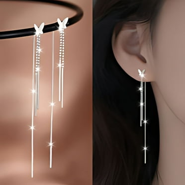 A pair Butterflies Threader Earrings, Silvers Long Chain Thread Earrings, Butterflies Studs Pull Through Earrings, Dangle Tassel Chain Earrings, Line Bead Chain Drop Earrings Jewelry for Women