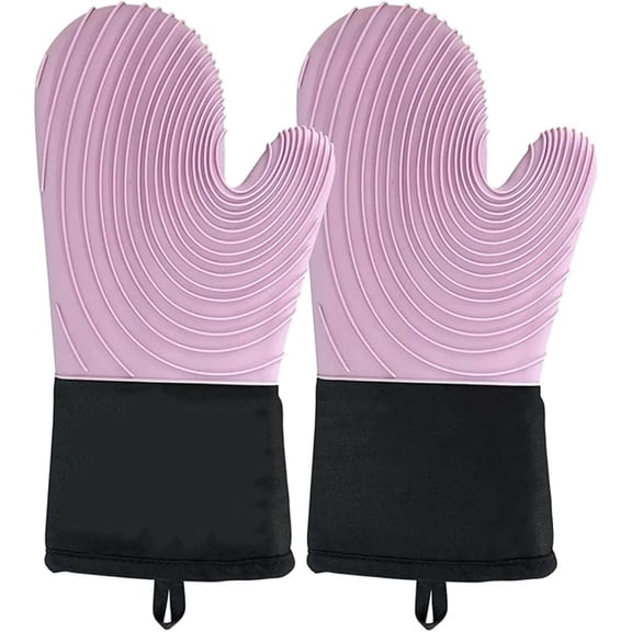 A pair of Silicone Oven Mitts- Extended Oven Mitts Heat Resistant , Oven Gloves with Soft Liner Good to Clean Flexible-Oven Mits Set for Cooking Baking Grilling BBQFlat threaded gloves purple
