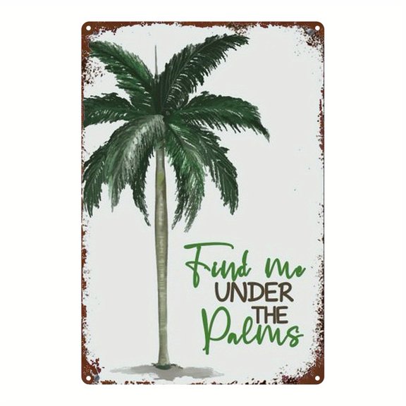 A palm tree-themed piece, a classic decorative element for homes, kitchens, bars, gardens, and cottages. Made of durable metal with a vintage design, it measures 8 inches x 12 inches.