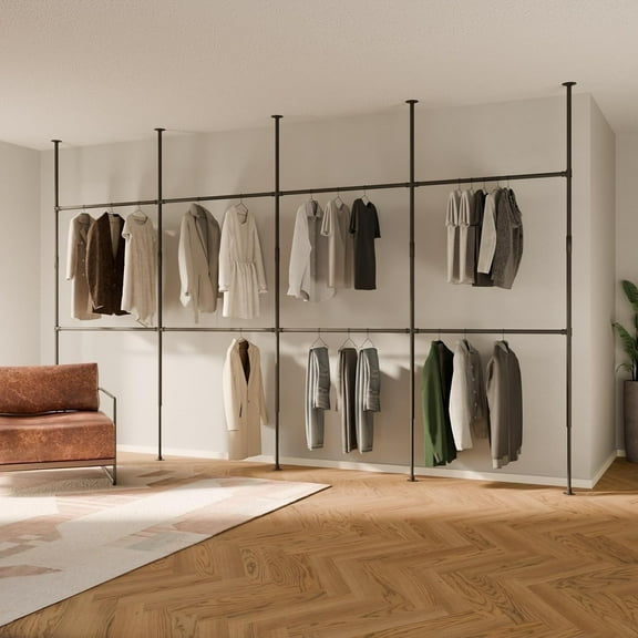 pamo Black Industrial Pipe Clothing Rack - LOFT IV - Steplessly Adjustable Closet Organizer System for Ceiling Heights between 86" - 98"- Suitable as Closet Clothes Rack or Room Divider