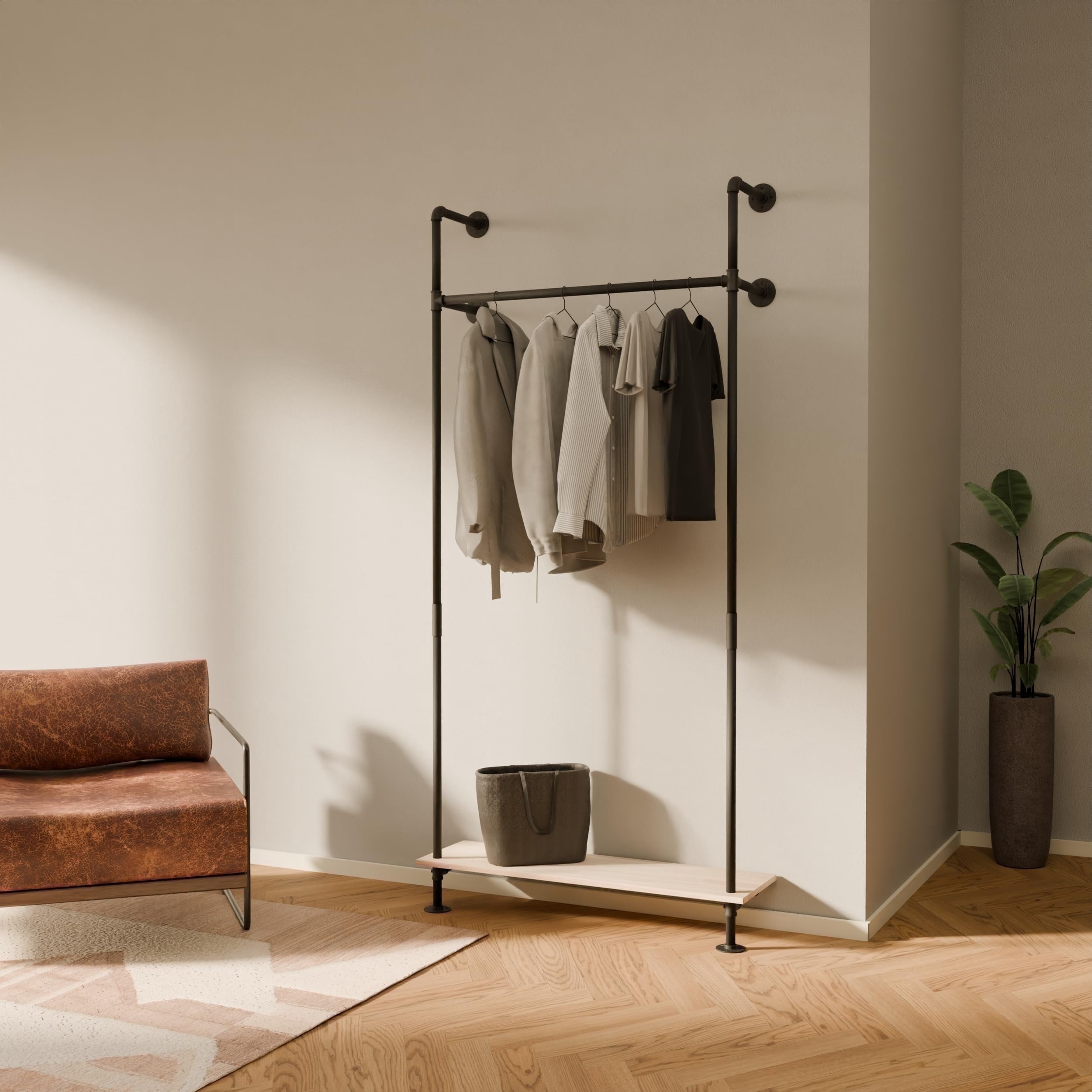 pamo Industrial Pipe Clothing Rack with Shelf - 300 lbs Capacity - Wall ...