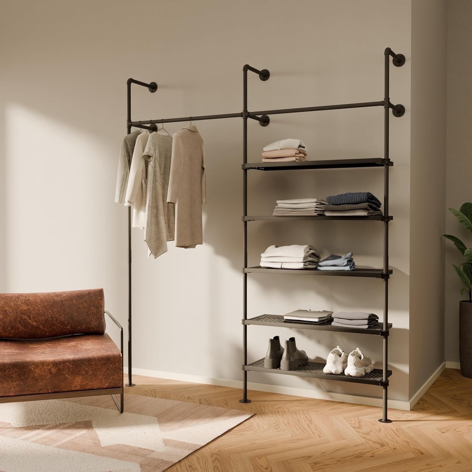 pamo Industrial Pipe Clothing Rack with Shelf - 520 lbs Capacity - Wall ...