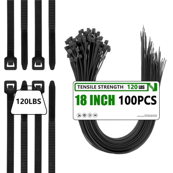 pannbo 100PCS 18 Inch Heavy Duty Zip Ties, 120LBS Tensile Strength Self-Locking UV Resistant Black PA66 Nylon Cable Ties for Indoor Outdoor Use