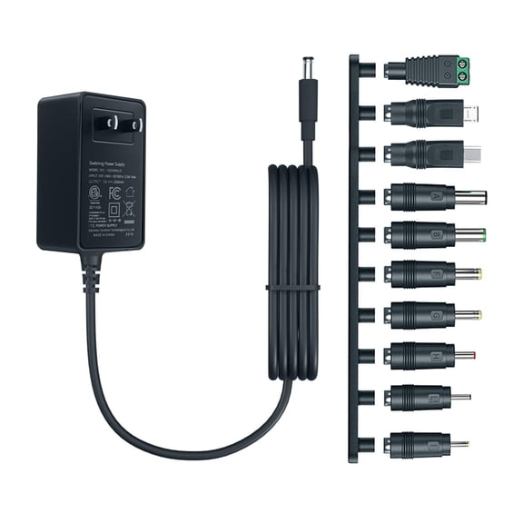 pannbo 12V 2A 24W AC/DC Power Adapter with 10 DC Tips, ETL Certified 100-240V to 12V Transformer, 6FT Cord for LED Strip CCTV Camera Router BT Speaker