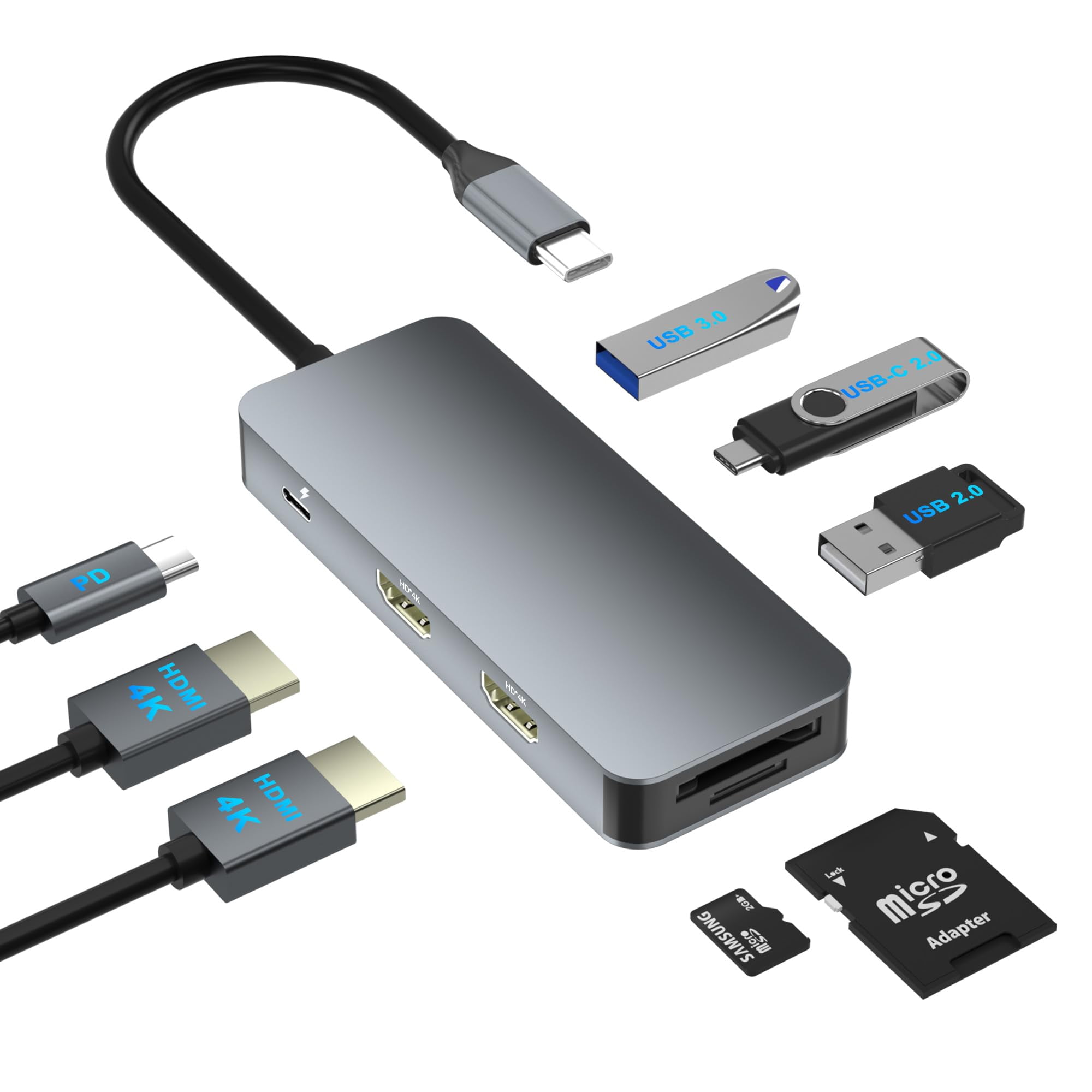 pannbo USB C Docking Station Dual Monitor 8 in 1, Dual HDMI Adapter for Dell HP Lenovo Mac Laptop, Multiport Hub with 2 HDMI/USB/PD/SD/TF Card Reader, USB C Hub for 2 Monitors